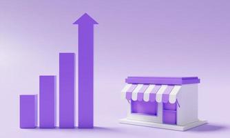 Minimal storefront model and rising bar chart graph on purple background. Business owner and Startup entrepreneur concept. 3D illustration rendering photo