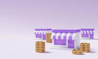 Supermarket store with stacking golden coins on purple background. Financial and economic concept. 3D illustration rendering photo