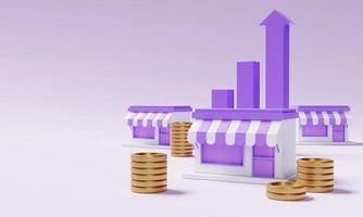 Store money coin and bar chart with copy space on purple background. Financial and E-commerce concept. 3D illustration rendering photo