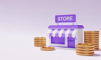 Storefront with money gold coin on purple background and copy space. Business financial and startup entrepreneurship concept. 3D illustration rendering photo