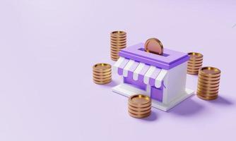 Supermarket store with stacking golden coins on purple background. Financial and economic concept. 3D illustration rendering photo