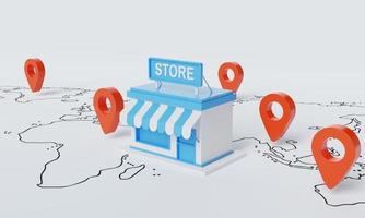 Store shop with location pin as franchising of famous branding on the white map background. Business startup owner and entrepreneur communication information concept. 3D illustration rendering photo