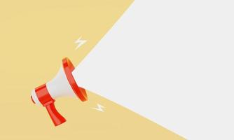 Red and white megaphone announcing white empty blank space message balloon on yellow background. Business and marketing concept. 3D illustration rendering photo