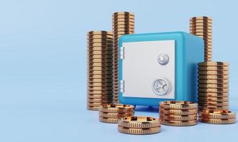 caja fuerte con monedas de oro sobre fondo azul. concepto de seguridad financiera económica y de ahorro de dinero. concepto de ilustración 3d. foto