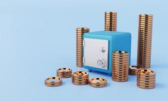 Safe box with golden coins on blue background. Financial economic and money savings security concept. 3D illustration concept. photo