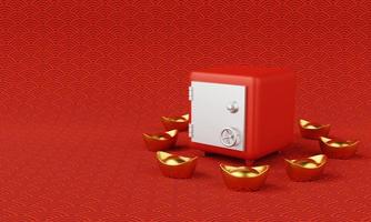 Safe box with Chinese gold ingot and Chinese culture pattern background. Chinese new year and Money savings security concept. 3D illustration rendering photo