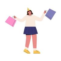 Happy woman in birthday cap holding packages