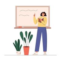 Teacher in classroom near chalkboard conduct lesson