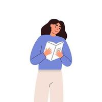 mujer joven de pie y leyendo un libro vector