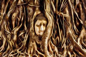 Buddha Head engulfed by tree roots in Ayuthaya, Thailand photo