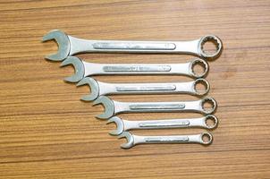 The wrench tools on a wood background.