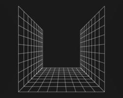 Cyber grid, retro punk perspective rectangular tunnel. Grid tunnel geometry on black background. Vector illustration.