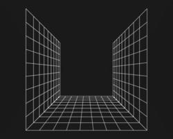 Cyber grid, retro punk perspective rectangular tunnel. Grid tunnel geometry on black background. Vector illustration.