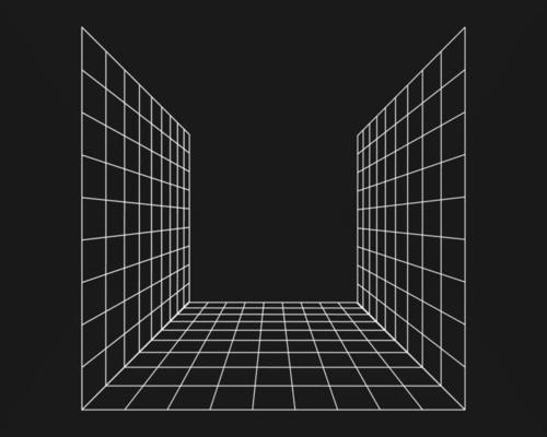 Cyber grid, retro punk perspective rectangular tunnel. Grid tunnel geometry on black background. Vector illustration.