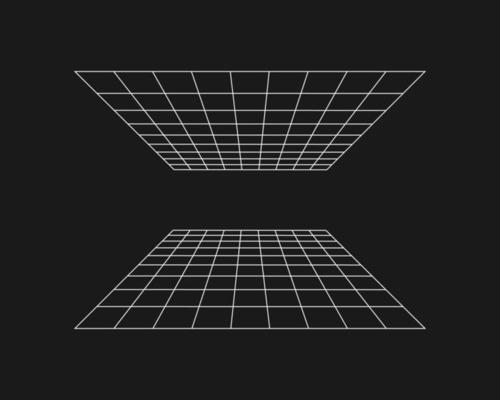 Cyber grid, retro punk perspective rectangular tunnel. Grid tunnel geometry on black background. Vector illustration.