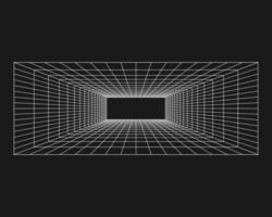 Cyber grid, retro punk perspective rectangular tunnel. Grid tunnel geometry on black background. Vector illustration.