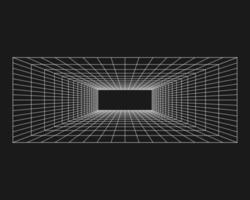 Cyber grid, retro punk perspective rectangular tunnel. Grid tunnel geometry on black background. Vector illustration.