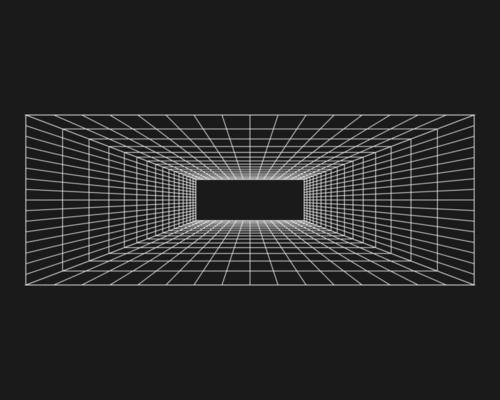 Cyber grid, retro punk perspective rectangular tunnel. Grid tunnel geometry on black background. Vector illustration.