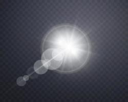 Silver sunlight lens flare, sun flash with rays and spotlight. Glowing burst explosion on a transparent background. Vector illustration.