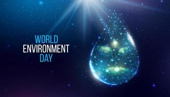 World environment day concept. Banner with plant in wireframe polygonal water drop. Futuristic modern abstract background. Vector illustration.