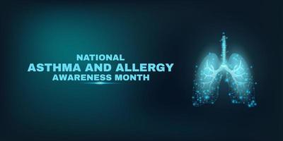 Lungs. World Asthma and allergy awareness month concept. Banner template with glowing low poly lungs. Futuristic modern abstract. dark background. Vector illustration.