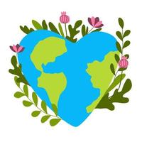 Earth heart shape with plants vector illustration. Invest in our planet. Blooming sphere. Save the planet symbol. Earth day card.