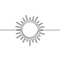 Sun one black continuous line, light rays outline. One line drawing. Vector illustration