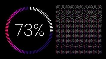 Set of circle percentage meters from 0 to 100 for infographic, user interface design UI. Gradient pie chart downloading progress from purple to white in black background. Circle diagram vector. vector