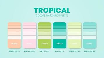 Tropical color palette or color schemes are trends combinations and palette guides. Example of table color shades in RGB and HEX. A color swatch for lovers of wedding fashion, home, interior design