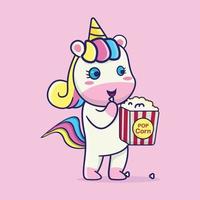 cute unicorn eating popcorn, suitable for children's books, birthday cards, valentine's day, stickers, book covers, greeting cards, printing. vector