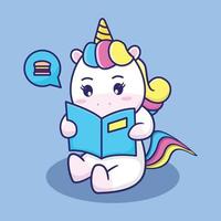 cute unicorn is reading a food recipe book, suitable for children's books, birthday cards, valentine's day, stickers, book covers, greeting cards, printing. vector