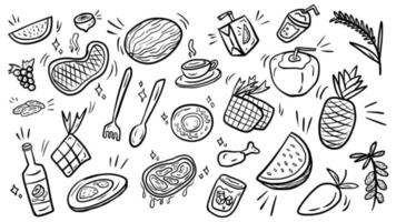 colección de plantillas de conjunto de iconos vectoriales de contorno de fideos de alimentos y frutas saludables para libros de colorear y negocios de alimentos y bebidas vector