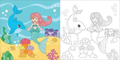 coloring mermaid and dolphin vector