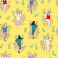 plus size girls with different skin and hair colors in swimsuits on the beach with palm leaves vector seamless pattern. Full girls of different races on the background of palm trees background