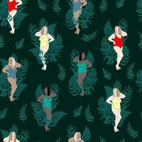 plus size girls with different skin and hair colors in swimsuits on the beach with palm leaves vector seamless pattern. Full girls of different races on the background of palm trees background