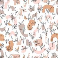 abstract minimalistic vector seamless pattern simple isolated boho shapes in different colors and branches with leaves hand drawn in one line