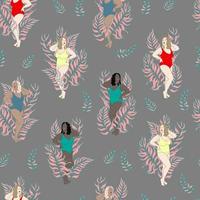 plus size girls with different skin and hair colors in swimsuits on the beach with palm leaves vector seamless pattern. Full girls of different races on the background of palm trees background