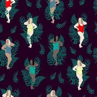plus size girls with different skin and hair colors in swimsuits on the beach with palm leaves vector seamless pattern. Full girls of different races on the background of palm trees background