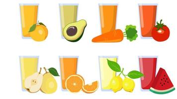 Fresh Fruit Juices in Glass, Vector Illustration Set.