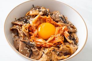 pork bulgogi rice bowl with kimchi and Korean pickled egg photo