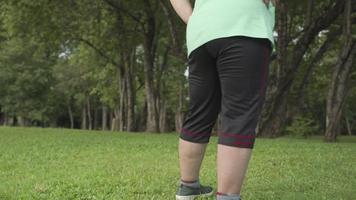 Asian overweight middle age lady doing hip rotation warm up exercise at the park, lower body part, retirement Exercising, standing hands on hip, bone joint ligament rehab treatment, view from behind video