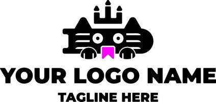 libro gato vector logo con corona, flash y pequeña ilustración de arte de línea negra sobre fondo blanco.