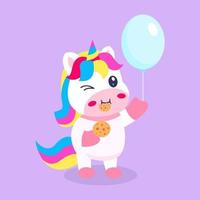 lindo unicornio sosteniendo globo y comiendo galletas de chocolate ilustración de dibujos animados vector
