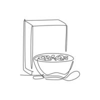 dibujo de una sola línea continua de tazón estilizado fresco de desayuno de cereales con caja de cereales en la mesa de comedor. concepto de comida natural saludable. ilustración gráfica de vector de diseño de dibujo de una línea moderna