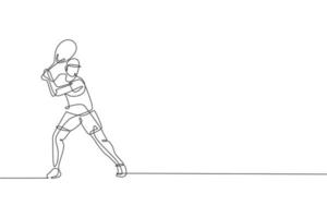 un dibujo continuo de un joven tenista feliz concentrado para golpear la pelota. concepto de deporte competitivo. ilustración de vector de diseño de dibujo de línea única dinámica para cartel de promoción de torneo