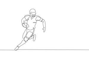 One continuous line drawing of young happy american football player running fast to avoid opponents for competition poster. Sport teamwork concept. Dynamic single line draw design vector illustration