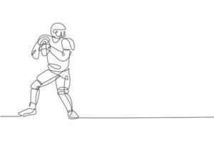 un dibujo de línea continua de un joven jugador de fútbol americano feliz sostenido y listo para pasar el balón para el afiche de la competencia. concepto de trabajo en equipo deportivo. Ilustración de vector de diseño de dibujo de línea única dinámica