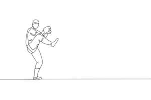 One single line drawing of young energetic man baseball player practice to throw the ball vector illustration. Sport training concept. Modern continuous line draw design for baseball tournament banner