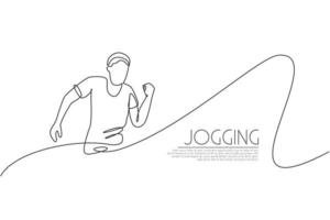 One continuous line drawing of young man athlete runner practicing run. Individual sport, competitive concept. Dynamic single line draw design vector illustration for running competition posteractive,