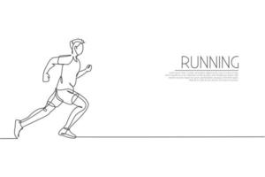 One single line drawing of young energetic man runner running fast graphic vector illustration. Individual sports, training concept. Modern continuous line draw design for running competition banner